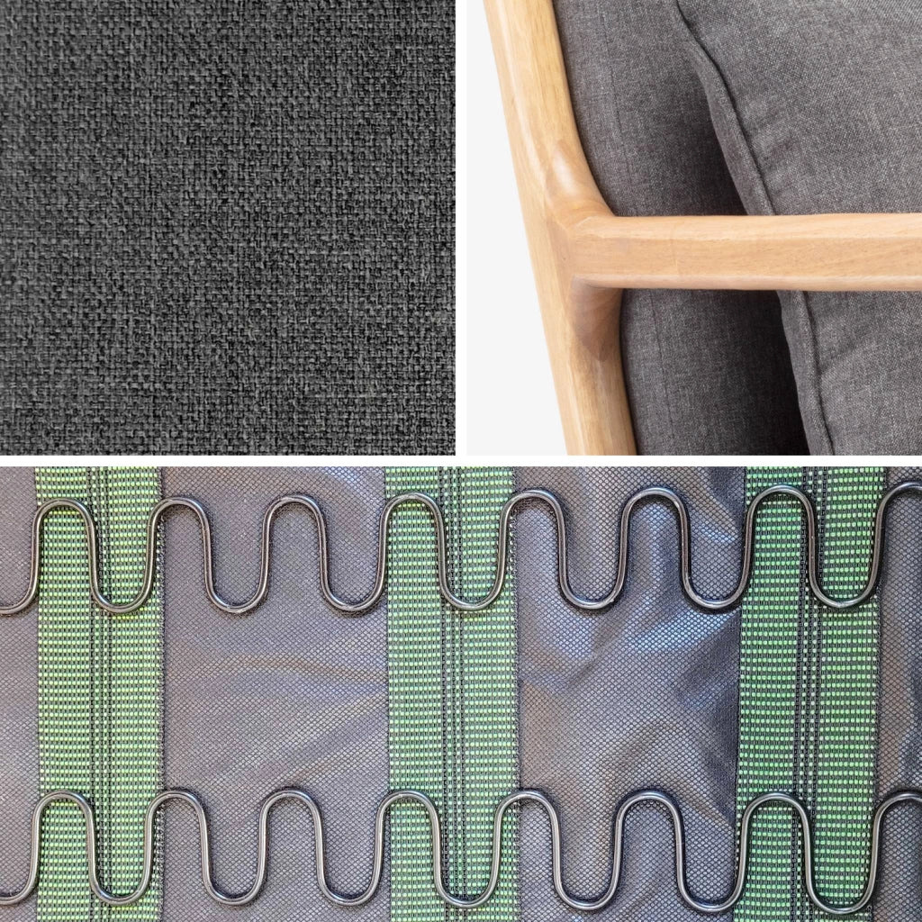 Poltrona scandinava a dondolo in legno e tessuto con braccioli, grigio