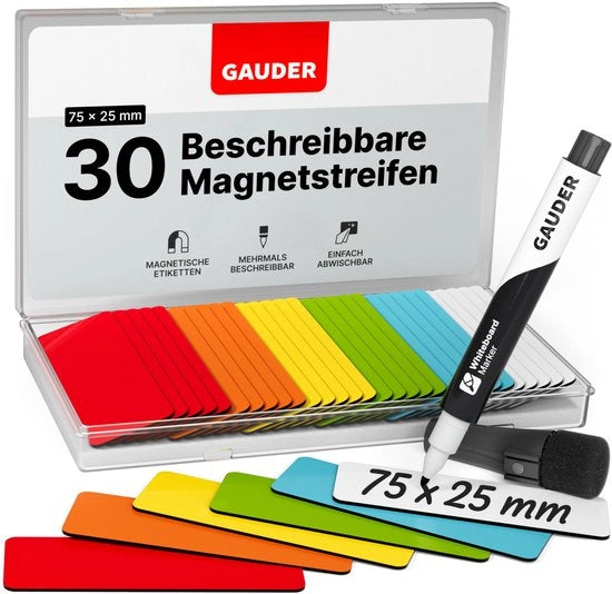 Etichette magnetiche descrivibili - tavole magnetiche riciclabili per lavagne, lavagne scolastiche, lavagne Kanban e frigoriferi - carte magnetiche con pennarelli (30 pezzi - 75 x 25 mm)