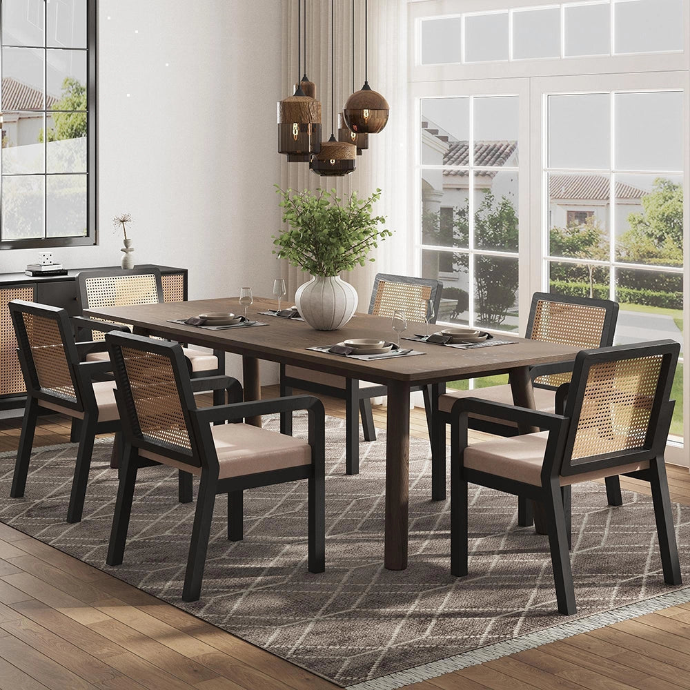 Sedia da pranzo in velluto - Xylo - 6 pezzi, schienale in rattan, piedi in legno
