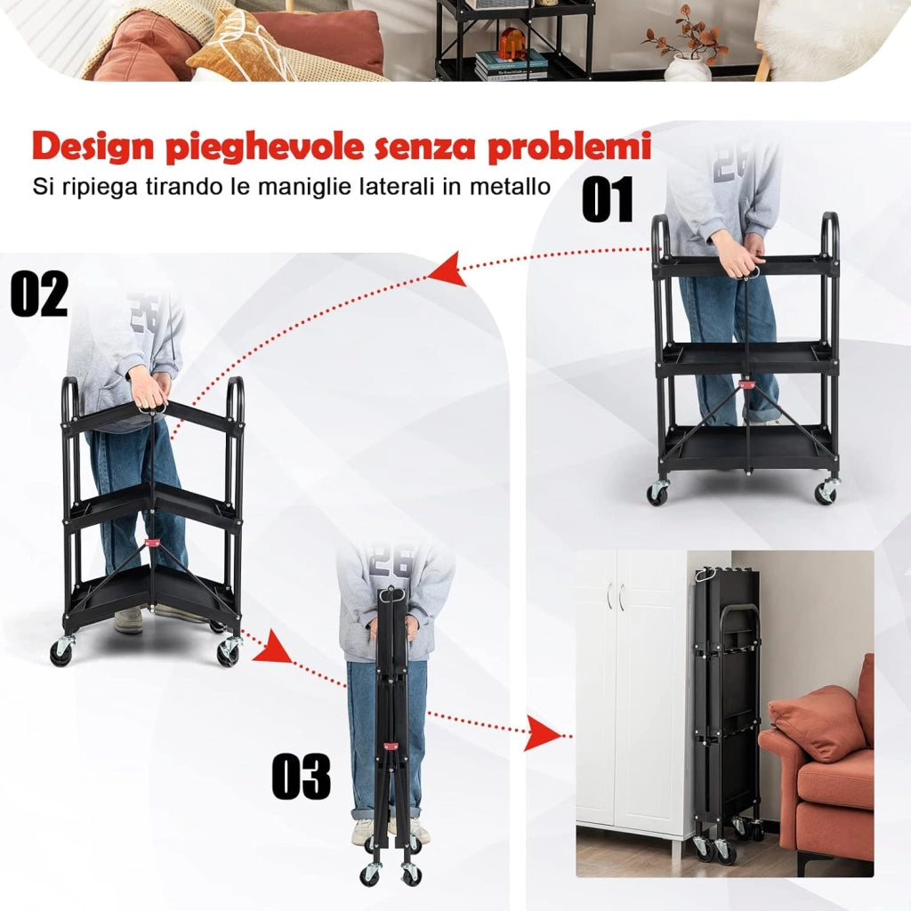 Carrello Pighevole a 3 Livelli, Carrello Multiuso con 4 Ruote, Organizzatore di Stoccaggio per Ufficio Cucina Studio, 61x44x96 cm, Nero