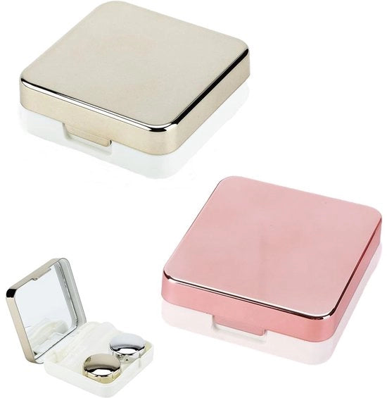 Set di Contattini Viaggiatori - 2 Set Mini - Con Specchio - Contenitore per Contattini - Doppio L/R - Rosso/Argento - Formato Compattato 6,3 x 6,3 x 2,2 cm - Contenitore per Contattini