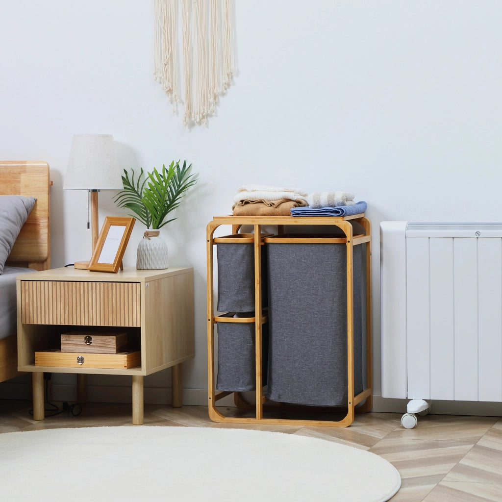 Cesto portabiancheria in bambù con 3 sacchi rimovibili e ripiano superiore, 50 x 32 x 69,7 cm, grigio e naturale