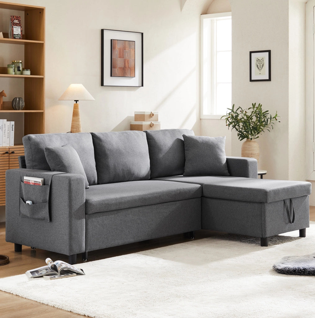 Divano letto 219.5x142.5x83 cm con contenitore; chaise longue reversibile in lino grigio scuro