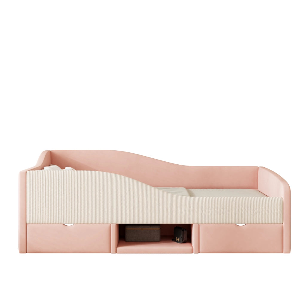 DESMIU Letto per bambini 90 × 190 cm con 2 cassetti, vano aperto e sicurezza, senza materasso, velluto, rosa