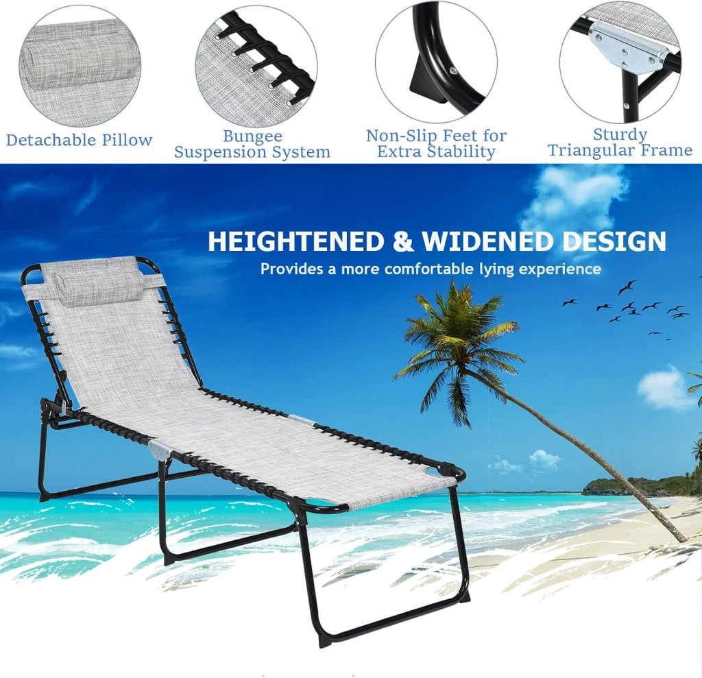 Lettino Prendisole, Lettino da Spiaggia Pieghevole, con Poggiatesta Rimovibile, Regolabili in 5 Posizioni, Sdraio Portatile con Piedini Antiscivolo, per Piscina, Giardino, Mare (Gray)