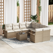Set Divano da Giardino a 9 Pezzi con Cuscini Beige in Rattan Sintetico