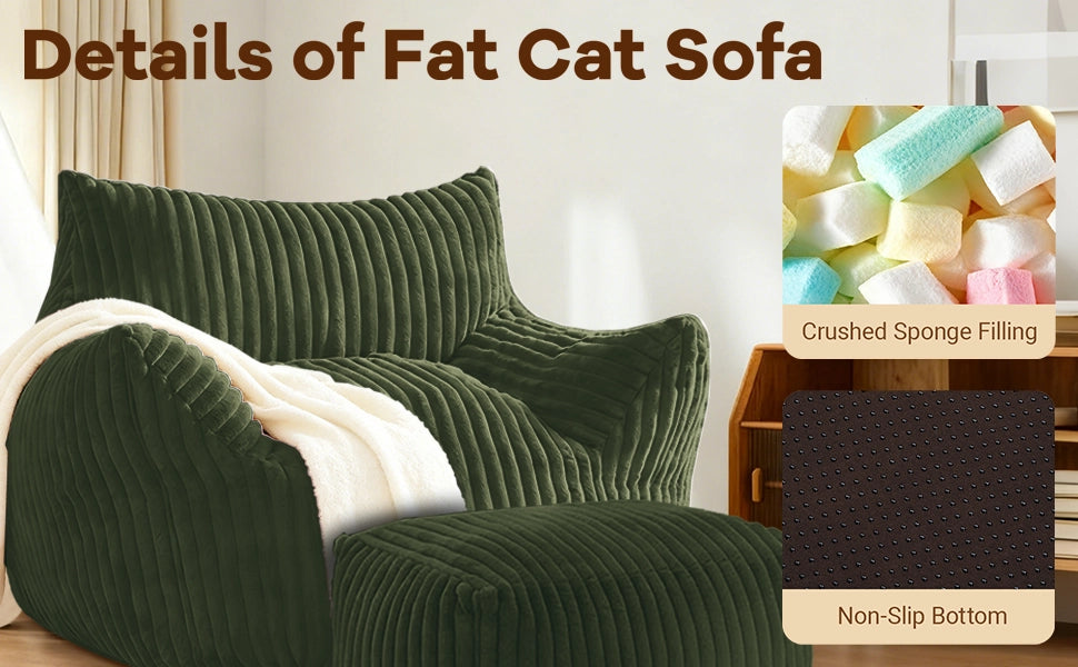 Poltrona ergonomica con pouf coordinato in flanella verde, design salvaspazio per relax