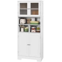 Credenza Cucina con 2 Armadietti e 3 Vani Aperti, Ante a Vetro e Ripiani Regolabili, 60x30x145.5 cm, Bianco