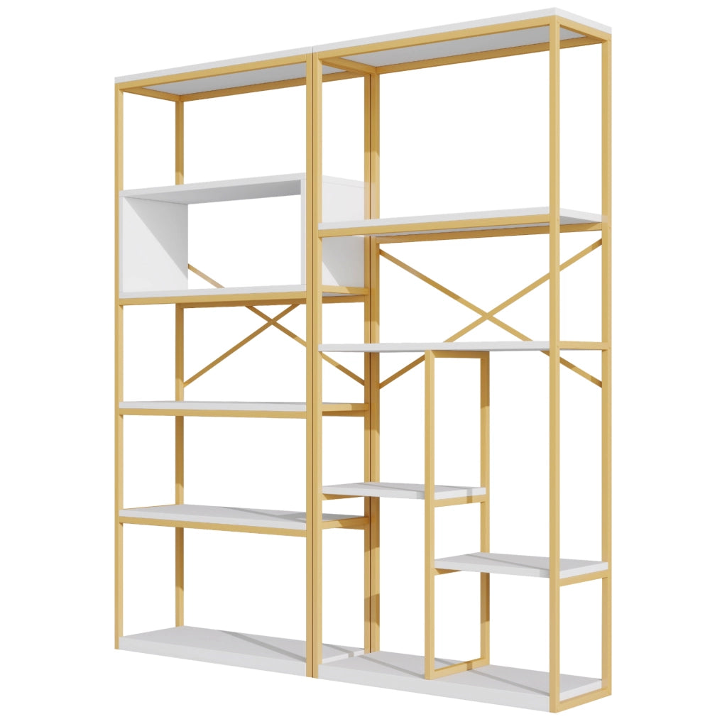 Libreria 160x29.5x180 cm a ripiani aperti con struttura rettangolare in metallo e MDF bianco e oro