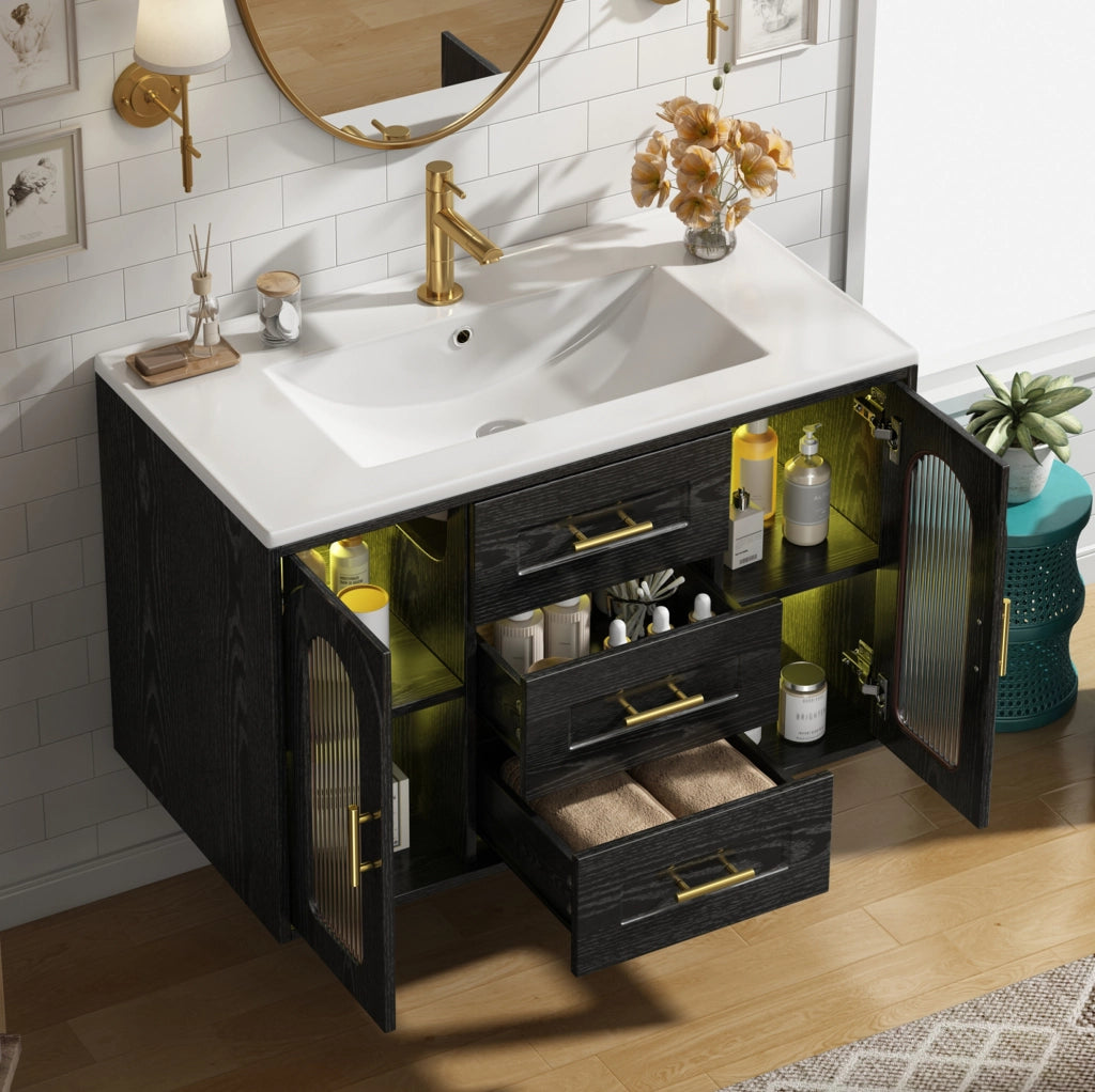 Mobile bagno sospeso 76 cm con lavabo; 2 cassetti; vetro rigato; LED; nero