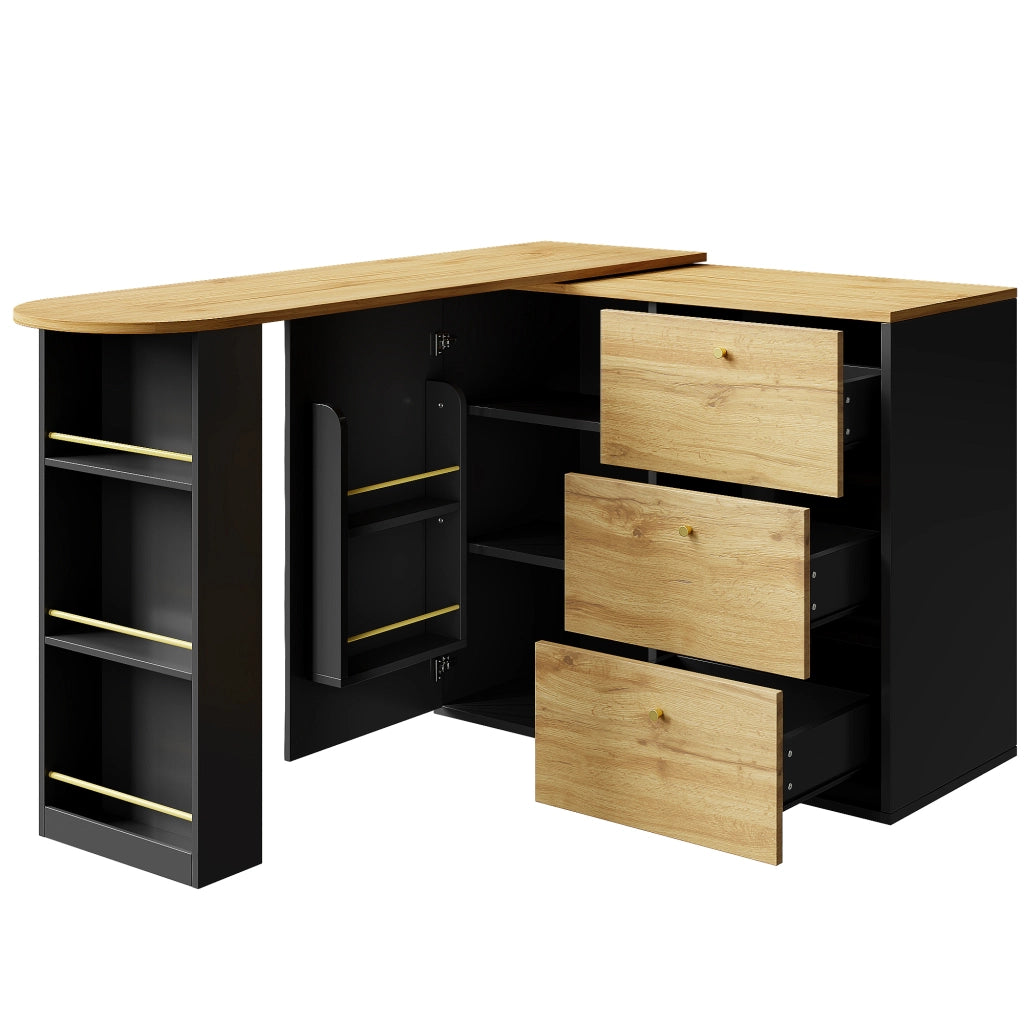 OKWISH Tavolo da Bar con 3 Cassetti e 5 Ripiani, Piano Girevole ed Estensibile, per Cucina e Soggiorno, Nero, 138-204×39×104 cm