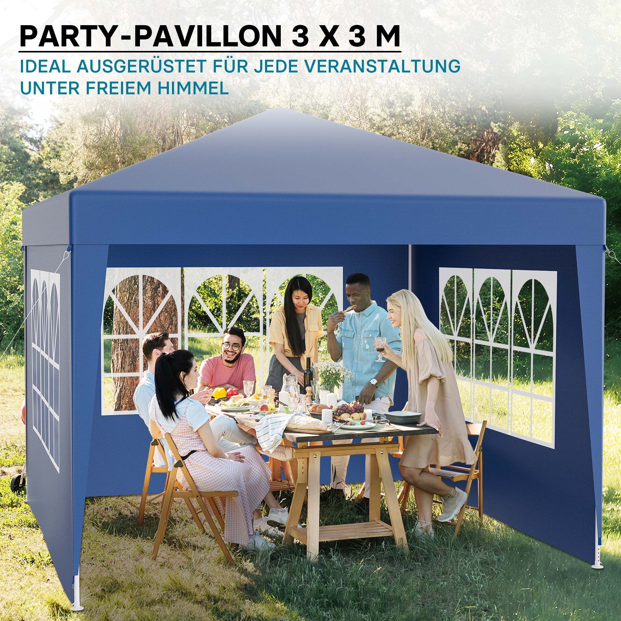 Gazebo 3 x 3 m in blu con protezione UV 50+, tendone da giardino con pareti laterali rimovibili, tenda da festa con finestre, ad esempio per terrazze e festival
