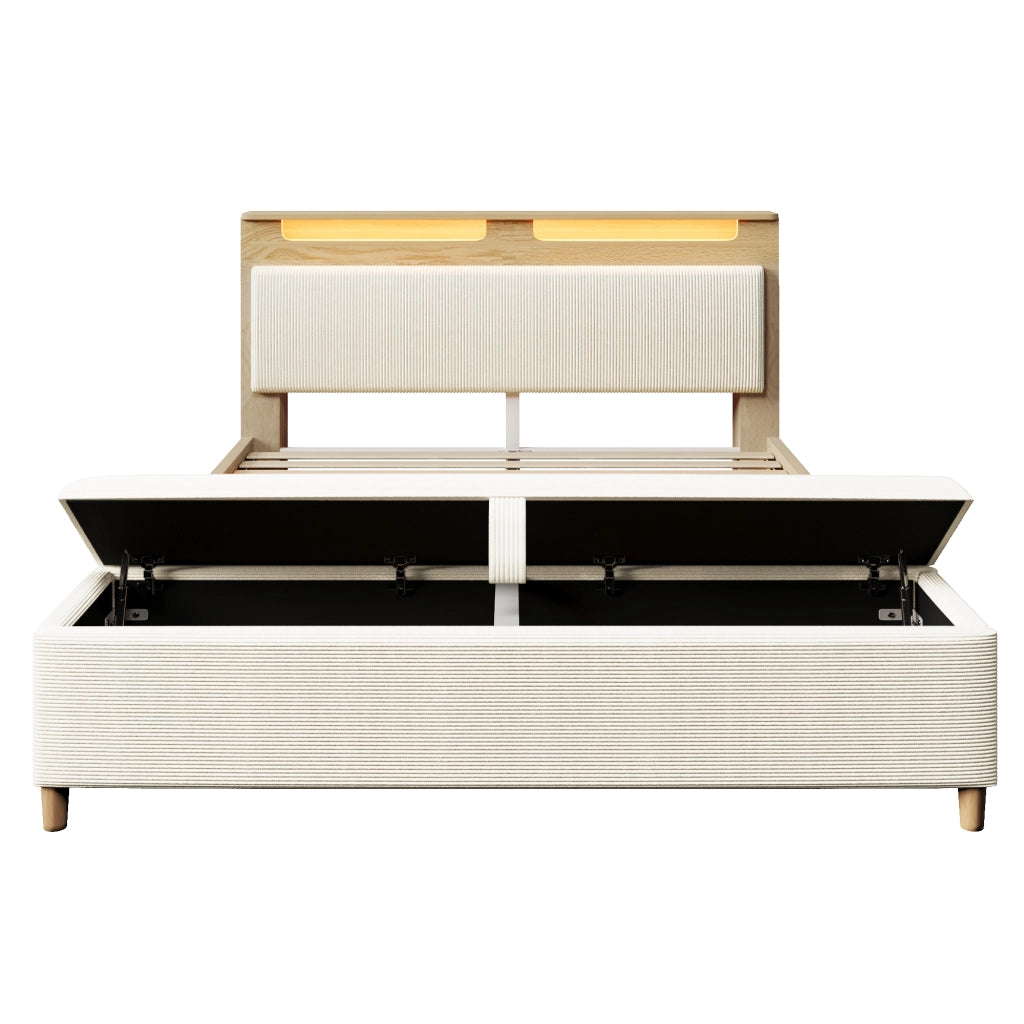 Letto matrimoniale 160x200 cm in legno con testiera LED, vano portaoggetti e panca contenitore beige
