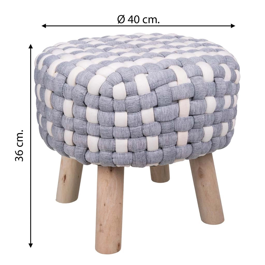 Sgabello grigio in cotone intrecciato e legno 40x40x36h