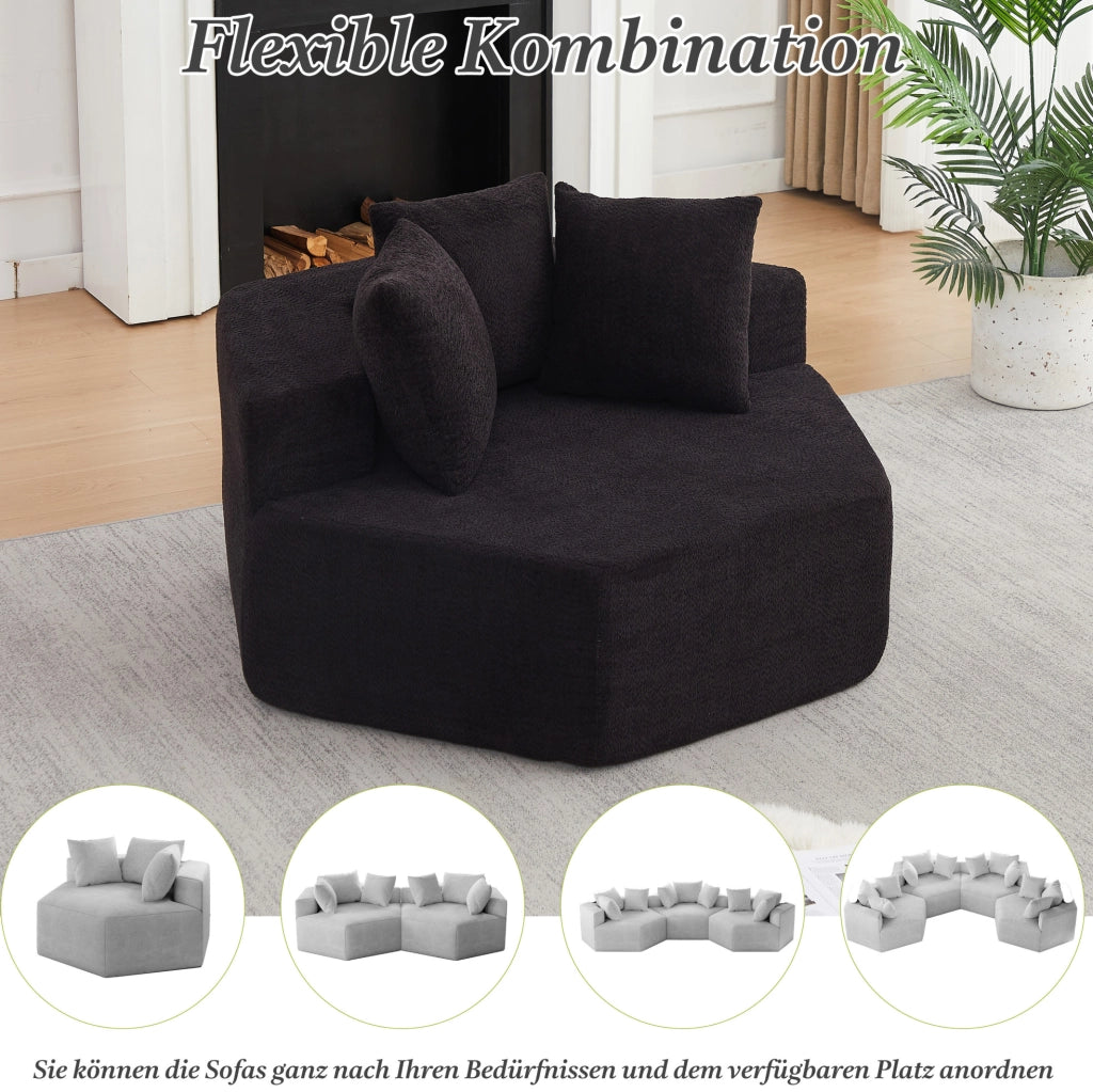 Poltrona lounge modulare esagonale in ciniglia nera