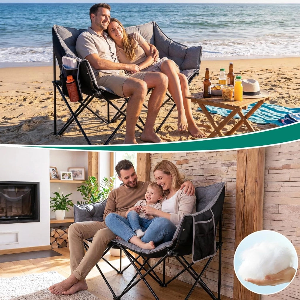 Sedia da Campeggio per 2 Persone, Divano da Campeggio Doppia 320KG, Sedia da Campo Portatile, con Tasca Laterale e posteriore, borsa per il trasporto, per Giardino, Spiaggia, Pesca, Grigio