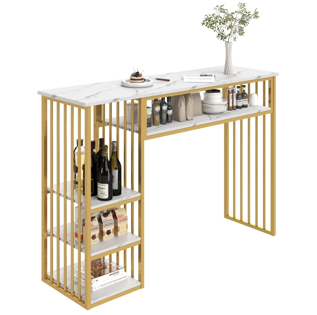 Bartisch con ripiani 140 x 40 x 105 cm in MDF e metallo; bianco e oro; effetto marmo