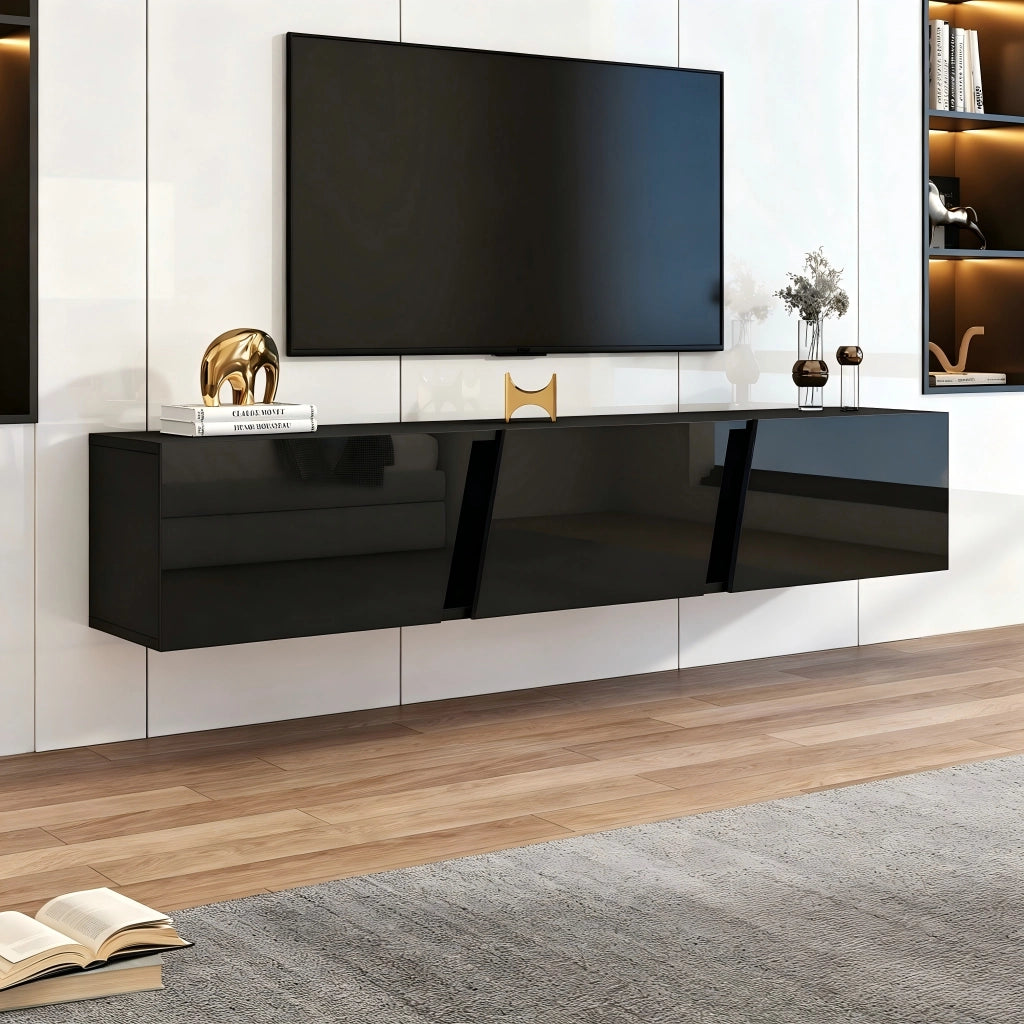 Mobile TV sospeso da parete 180 x 35 x 30 cm, nero lucido, con luci LED controllate da APP, 3 ante abbattibili, per TV fino a 75 pollici