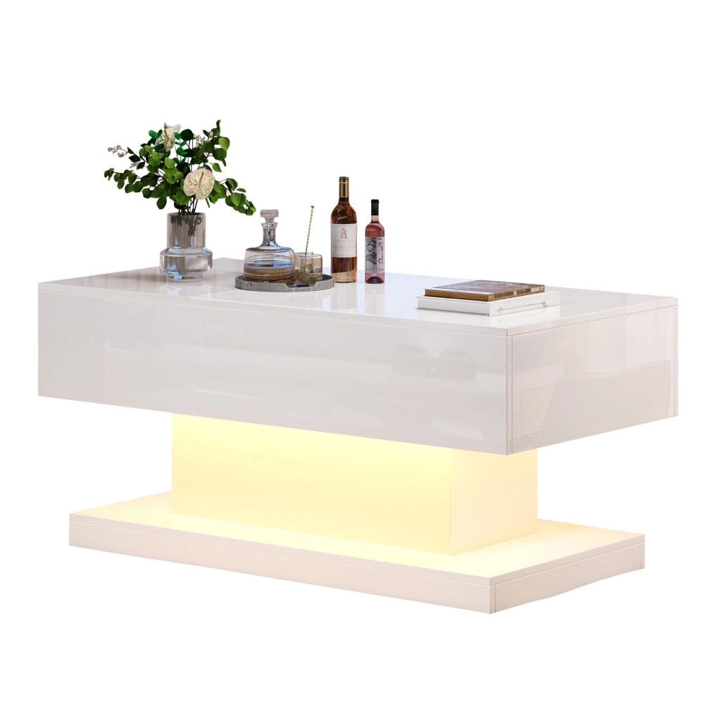 Tavolino da caffè elevabile con LED 100x50x45 cm; truciolare bianco lucido