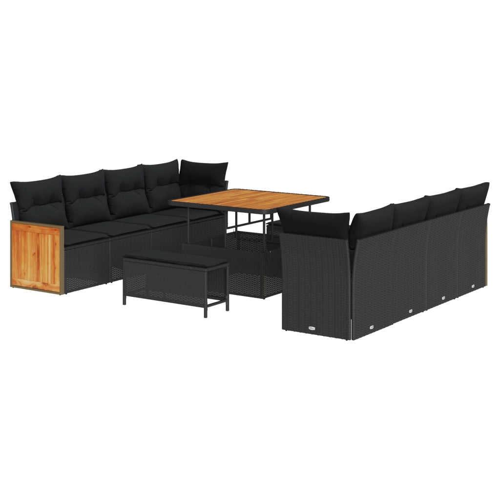 Set Divano da Giardino  di 11 Pezzi con Cuscini Nero Poly Rattan Acacia
