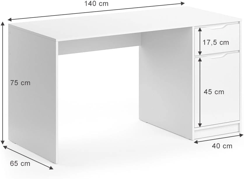 Scrivania Ruben, Bianco, 140 x 65 cm, combinabile con altri mobili della serie Ruben