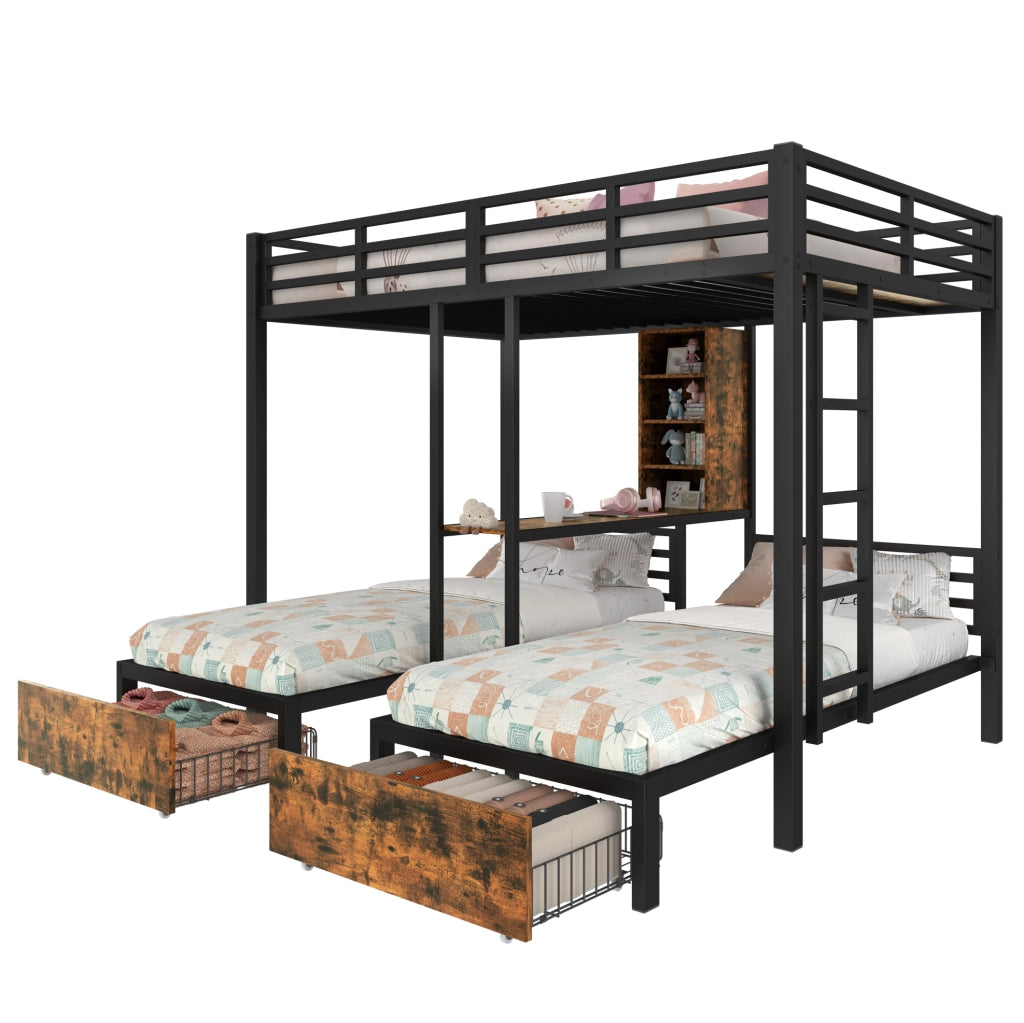 Letto a castello triplo 140x200 + 90x200 cm nero