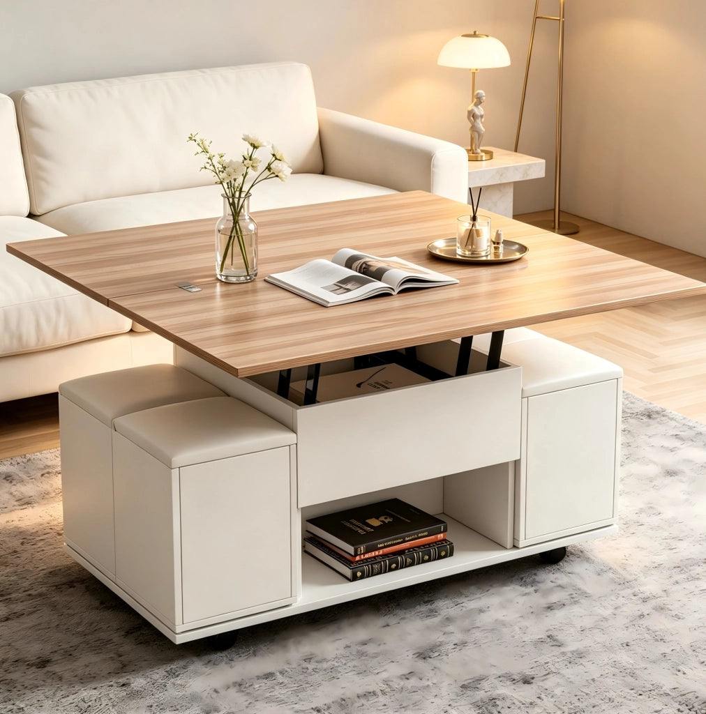 Tavolino da salotto sollevabile 2 in 1 con contenitore; 100x100x63;5 cm; bianco e naturale