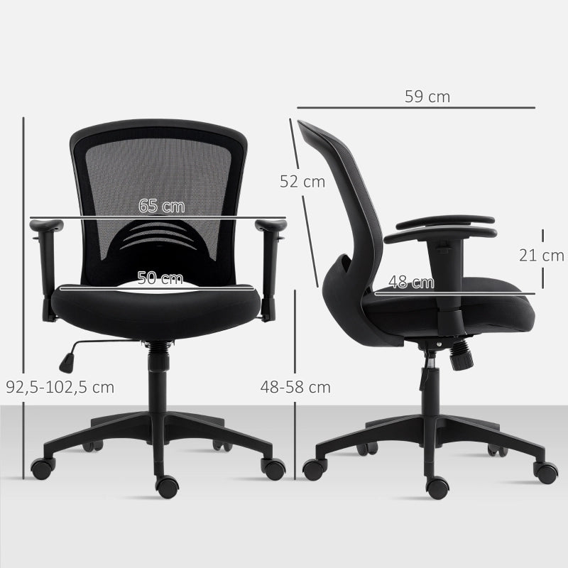 Sedia da ufficio ergonomica con schienale in rete, funzione oscillante e braccioli regolabili in plastica nera