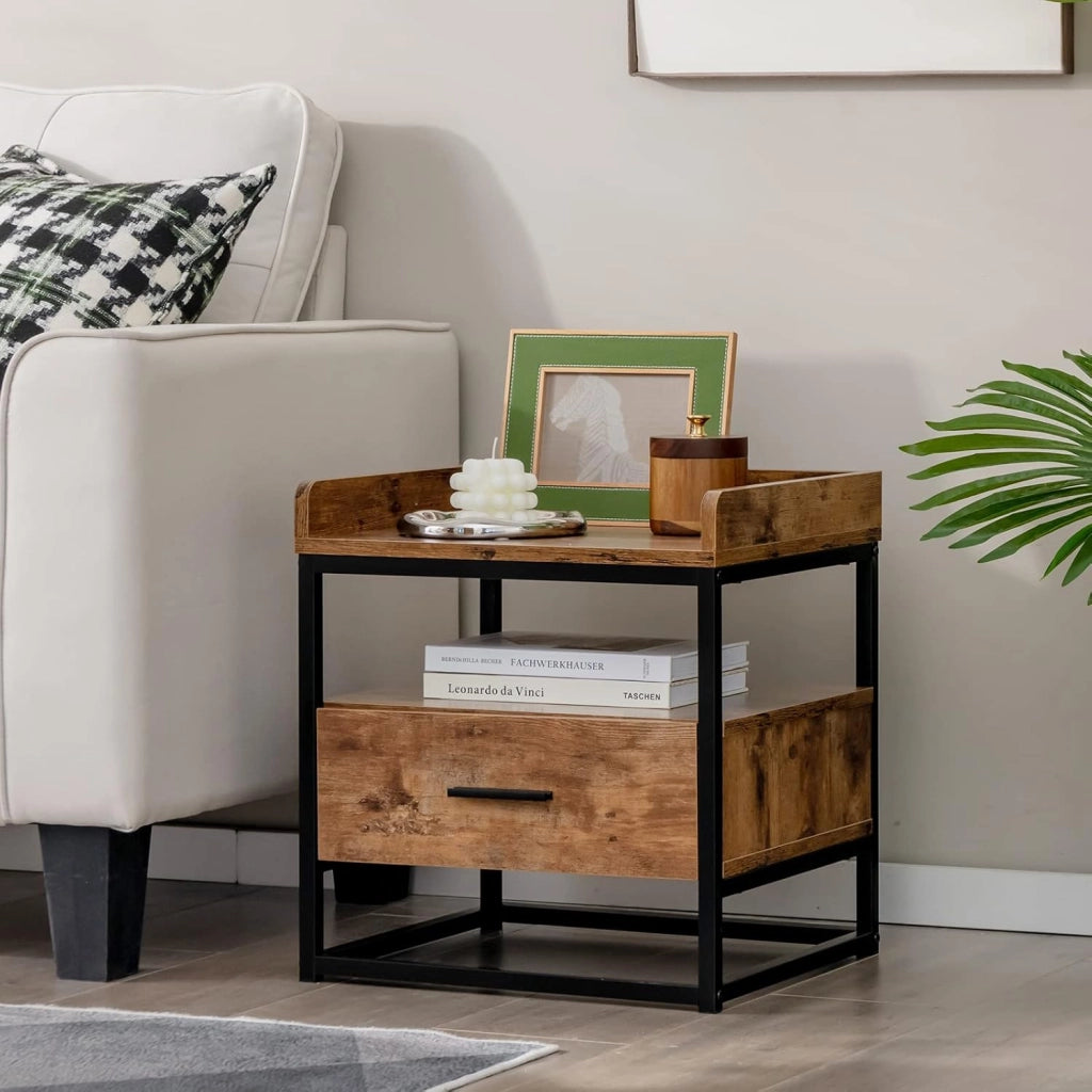 Tavolino a 2 livelli, comodino, in legno con telaio in metallo, tavolino da caffè con cassetto, stile industriale, per camera da letto, soggiorno, 45 x 40 x 49 cm