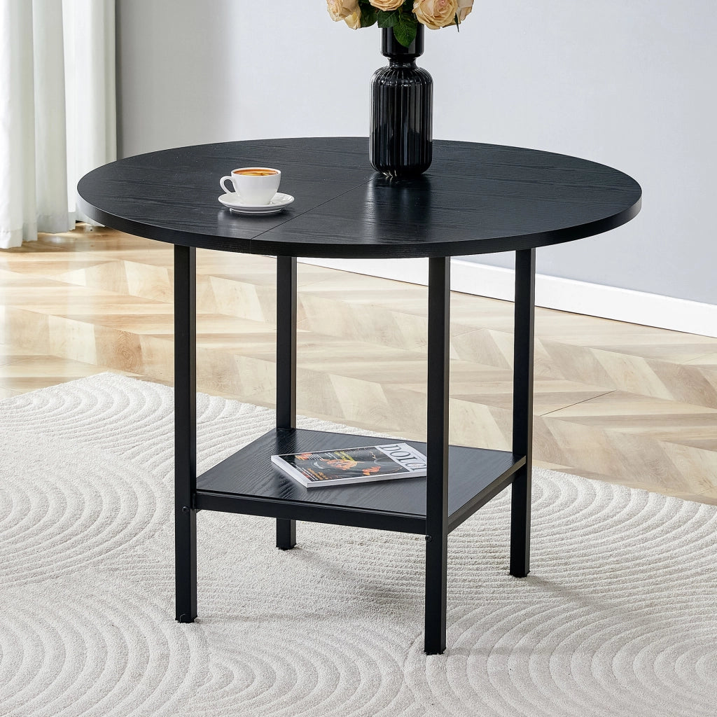 Tavolo da pranzo per 4-6 persone con ripiano contenitore, stile moderno, in MDF e metallo nero, diametro 100 cm
