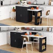 Isola cucina con tavolo da pranzo espandibile per 4-6 persone, tavolo da cucina a due tonalità, prese elettriche, cassettiera, 2 ante, 2 mensole aperte