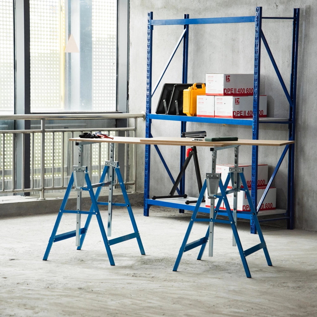 Cavalletto da Lavoro Pieghevole ¨C Xylo ¨C Portata 200 kg, Altezza Regolabile 80-130 cm, Acciaio Blu