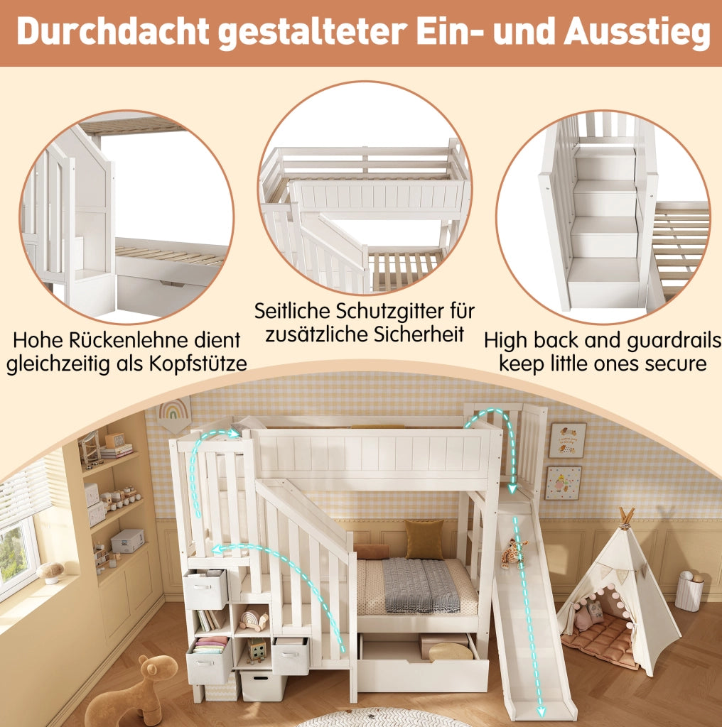 Letto a castello per bambini 90x200 cm con scivolo; scala contenitore e cassetti; bianco
