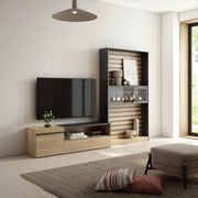 Mobile TV, Soggiorno, 260x35x186cm, Per TV fino a 65", Camino elettrico, colore Rovere e nero RF2540