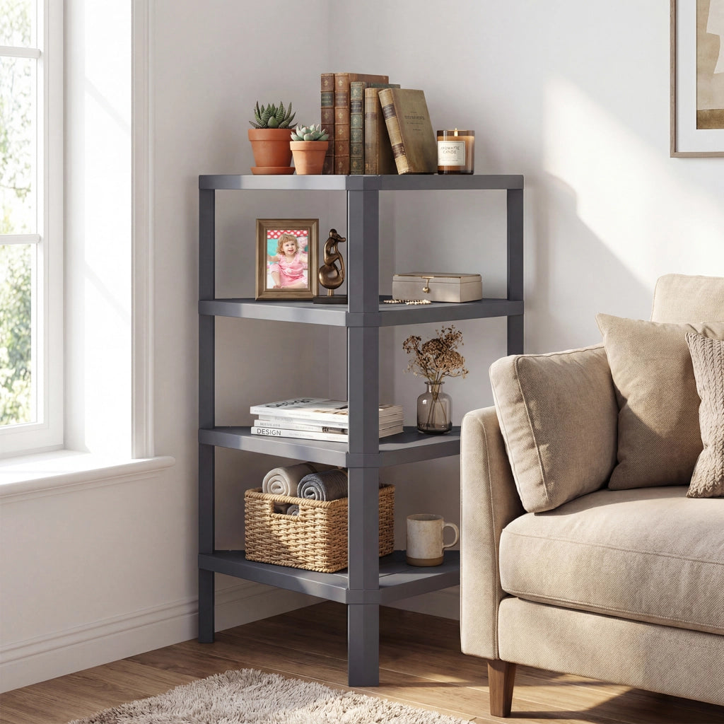 Supporto scaffale ad angolo a 4 ripiani con scaffali a doghe aperte, Libreria moderna per casa e ufficio Grigio