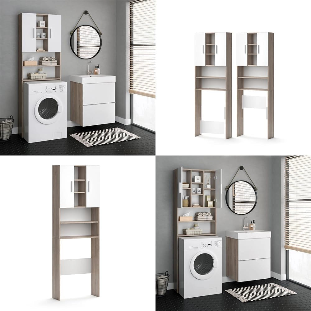 Mobile per lavatrice Luis, Sonoma, 64 x 190 cm, per la conservazione di detersivi e accessori da bagno