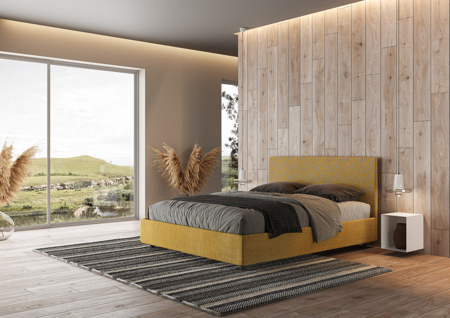 Letto Matrimoniale 160x210 cm con Rete e Contenitore con Testata e Alzata Comoda Imbottito in Tessuto Era Arla Giallo