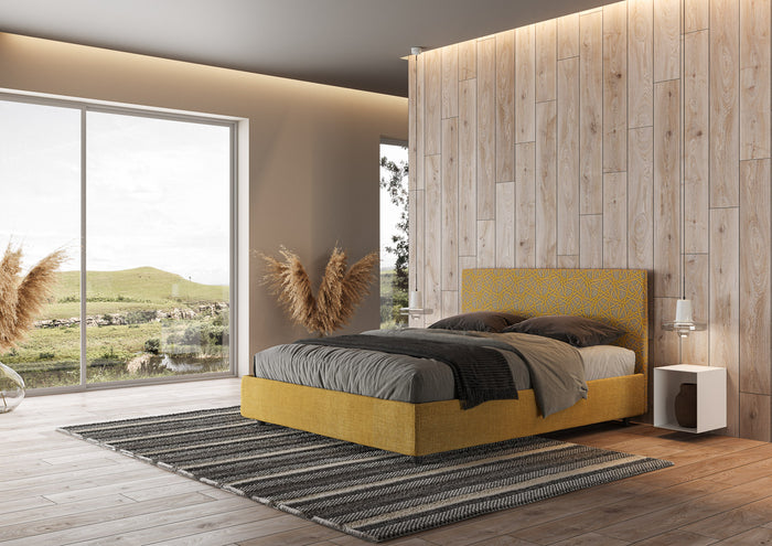 Letto Matrimoniale 160x210 cm con Rete e Contenitore con Testata e Alzata Comoda Imbottito in Tessuto Era Arla Giallo