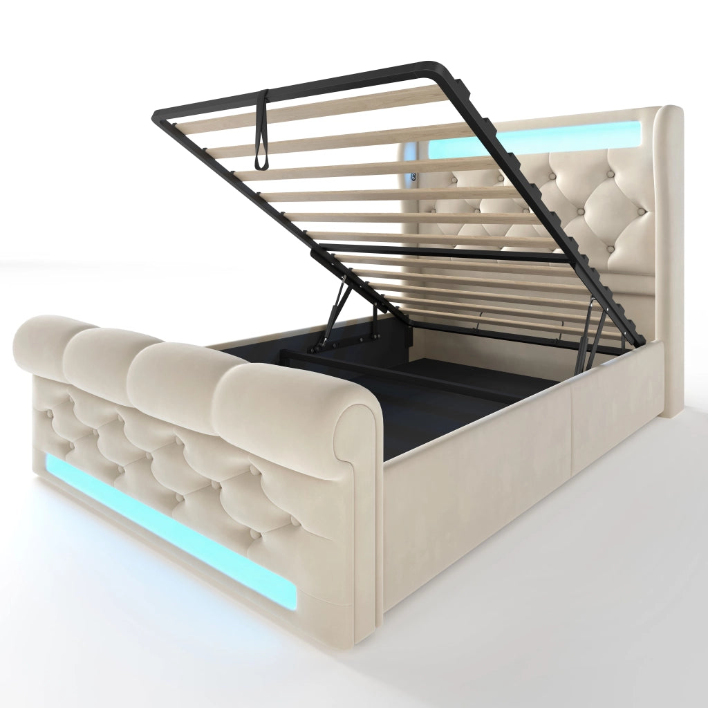 Letto imbottito 90x200 cm con LED, ricarica USB e Type-C, contenitore idraulico, velluto beige, con materasso