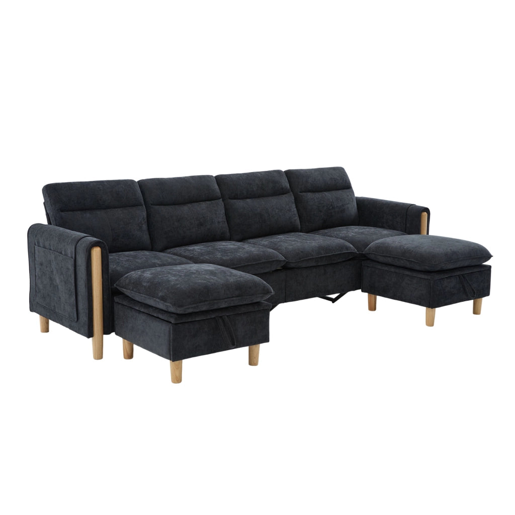 Divano modulare ad angolo a U 4 posti in tessuto Chenille nero con 2 pouf contenitori e gambe in legno