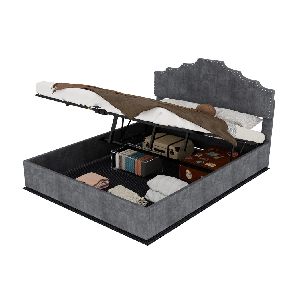 DESMIU Letto 140 × 200 cm 2 posti con testiera geometrica e materasso incluso, in velluto grigio
