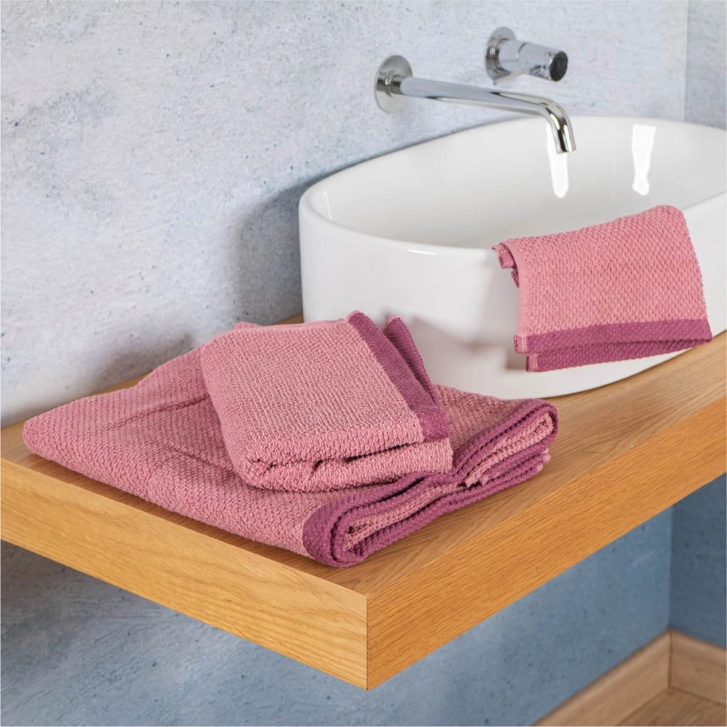 Set Asciugamani Bagno 3 Pezzi in Cotone 100% 430 GSM, Telo Doccia 70x140 cm, Asciugamano Viso 50x100 cm e Ospite 40x50 cm, Effetto Popcorn Morbido e Assorbente Rosa-RosaScuro