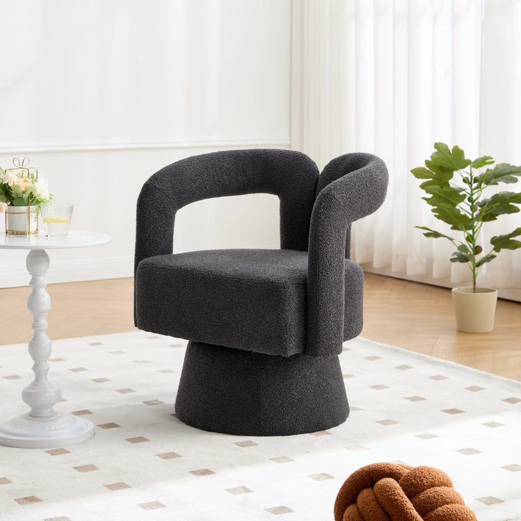 Poltrona Girevole 360° con Seduta Ampia Imbottita; Braccioli Arrotondati; Base in Metallo; in Bouclé Grigio Scuro