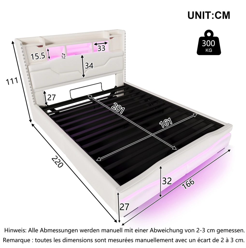 Letto imbottito beige 160x200 cm con vano idraulico, LED e ricarica USB-C