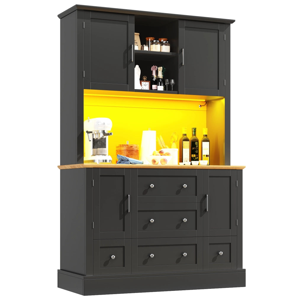 Vetrina da Cucina Alta con 3 Cassetti e LED; Design Moderno; per Cucina o Soggiorno; in MDF; Nero e Naturale; 115x40x180 cm