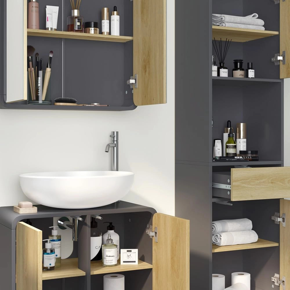 Set di mobili da bagno Arla, Antracite/quercia, 60 cm, composto da mobile lavabo, pensile a specchio, colonna e base media