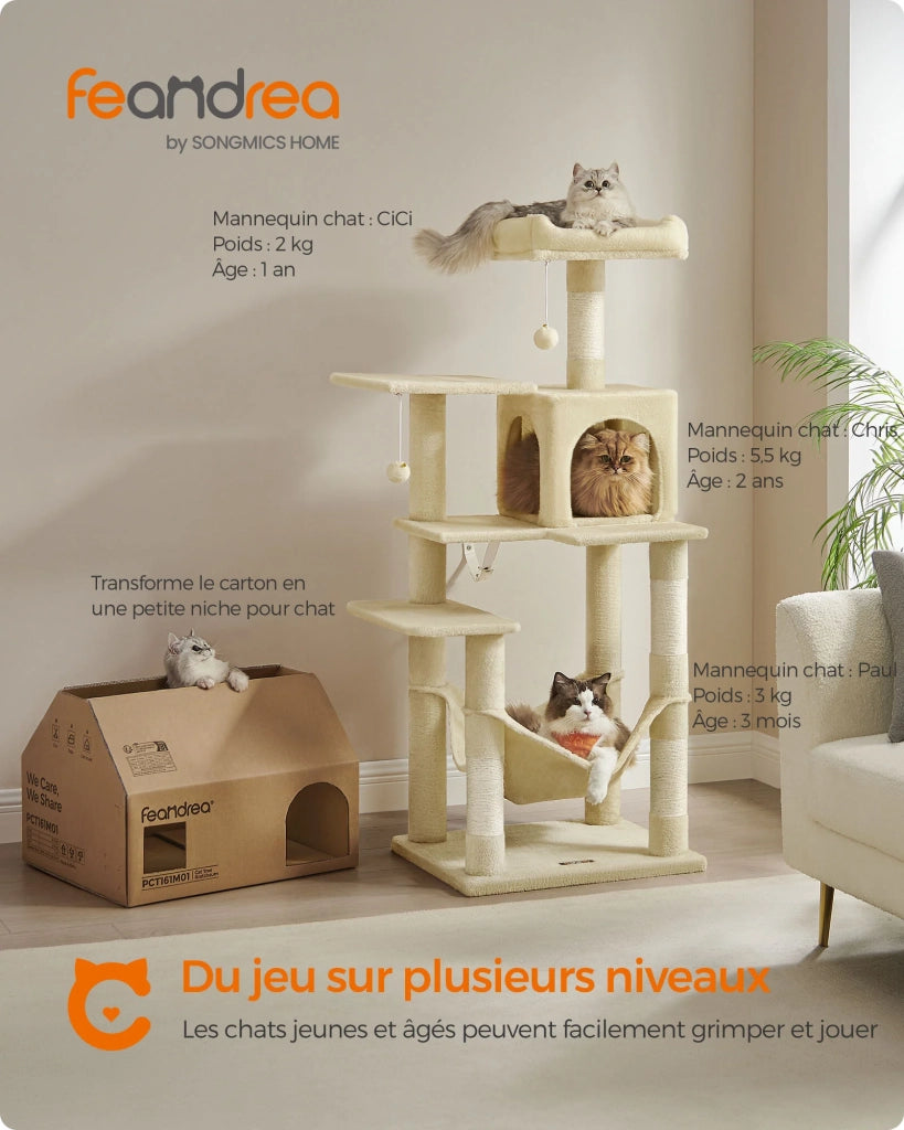 Albero per gatti con amaca e torre da gioco 143 cm beige 12_0003854