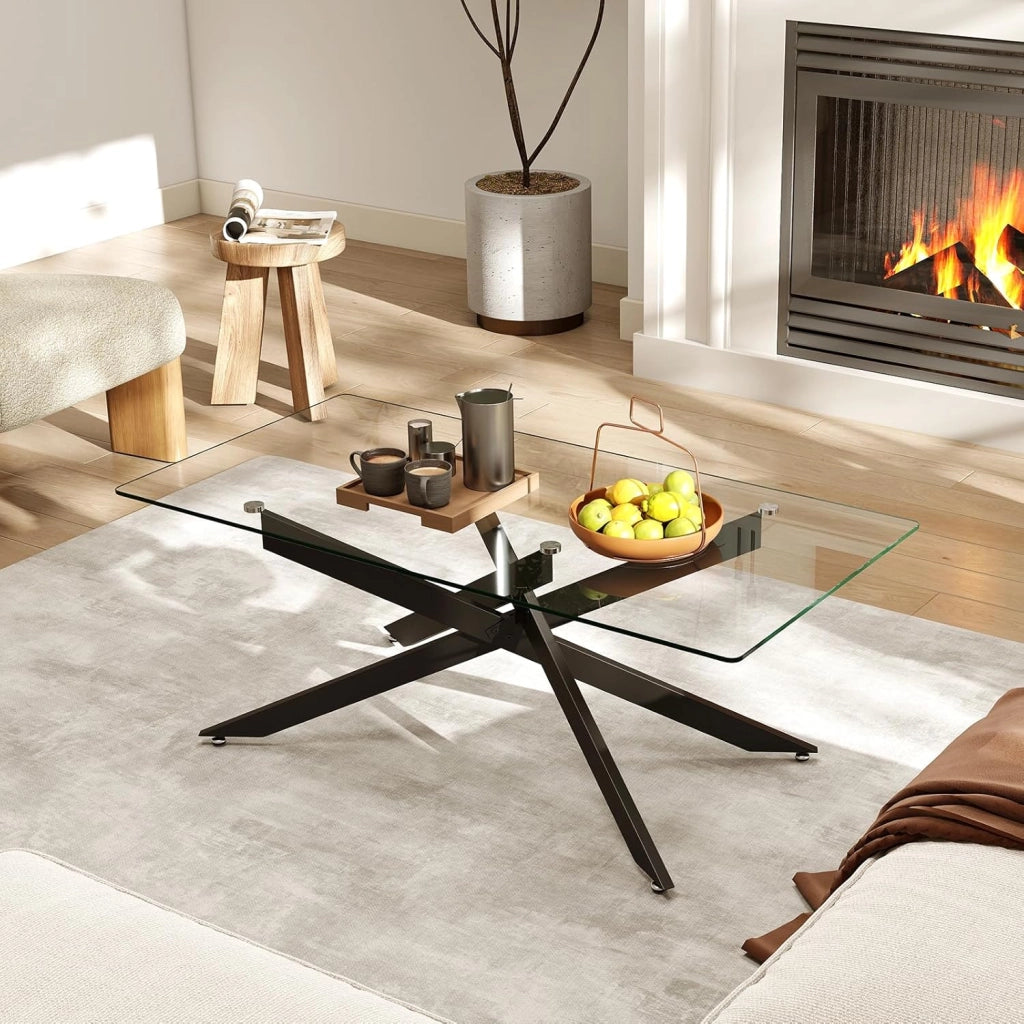 Tavolo da Caffè, Tavolino Salotto in Vetro Temperato con Gambe Incrociate in Metallo Placcato e Piedini Regolabili Antiscivolo, per Soggiorno e Ingresso, 120 x 60 x 45,5 cm (Nero)