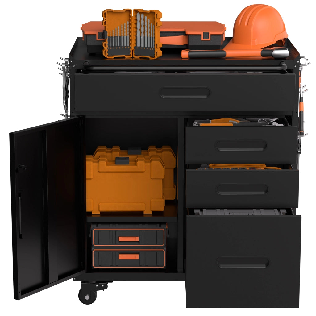 Mobiletto portautensili ¨C organizer per garage con scomparto chiudibile a chiave e 4 cassetti, contenitore in acciaio mobile per officina e garage dom