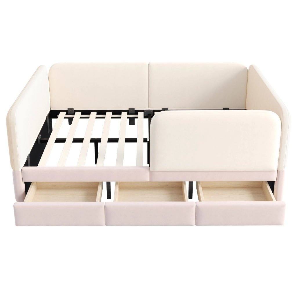 Letto imbottito per bambini 140x200 cm con parapetto perimetrale; bordi arrotondati e ampio cassetto; velluto rosa
